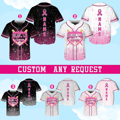 Multicolor baseball jersey with name on back and pink ribbon, front view 3