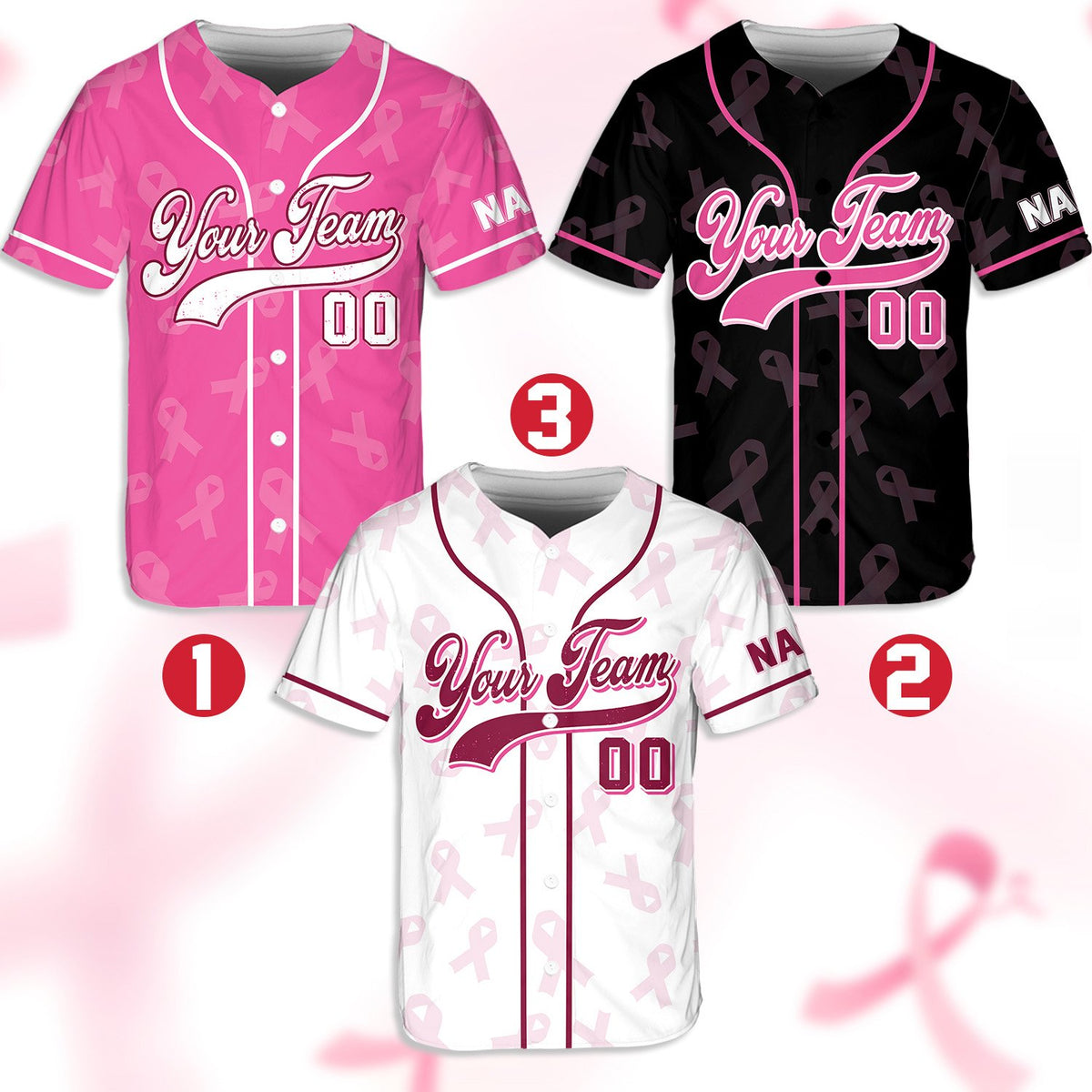 Front view of the custom baseball jersey with pink awareness ribbons