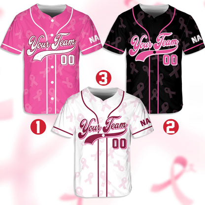 Front view of the custom baseball jersey with pink awareness ribbons