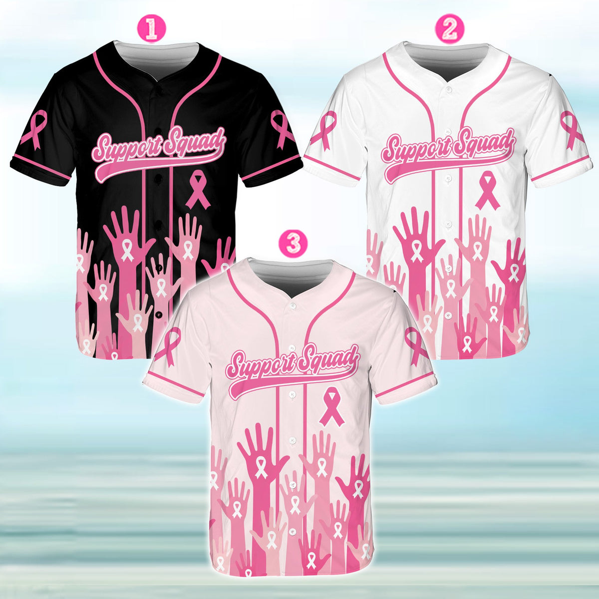 Front view of personalized baseball jersey featuring Support Squad text and pink hands pattern