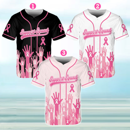 Front view of personalized baseball jersey featuring Support Squad text and pink hands pattern