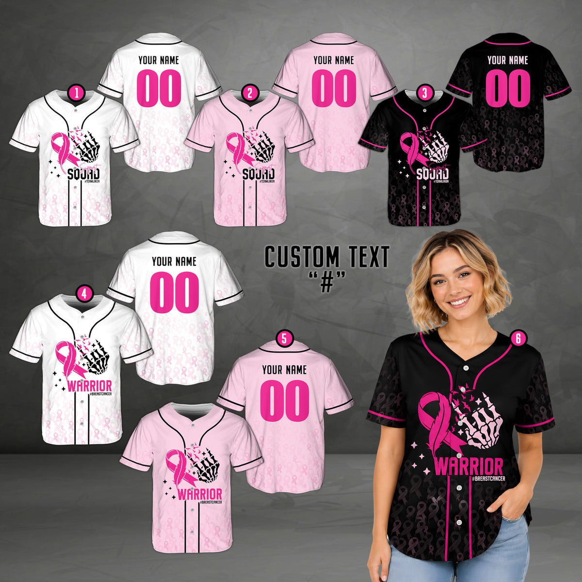 Lifestyle view showing a person wearing the breast cancer awareness baseball jersey outdoors