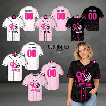 Lifestyle view showing a person wearing the breast cancer awareness baseball jersey outdoors