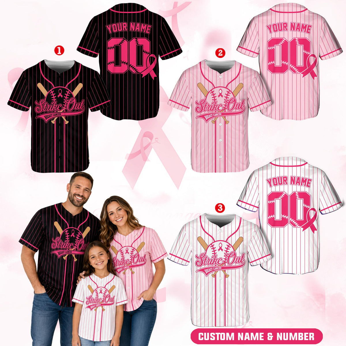 Lifestyle shot of a custom breast cancer awareness baseball jersey in action