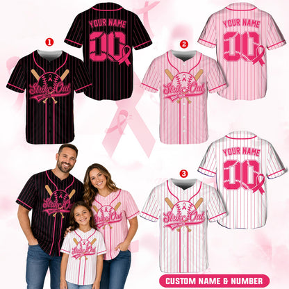 Lifestyle shot of a custom breast cancer awareness baseball jersey in action