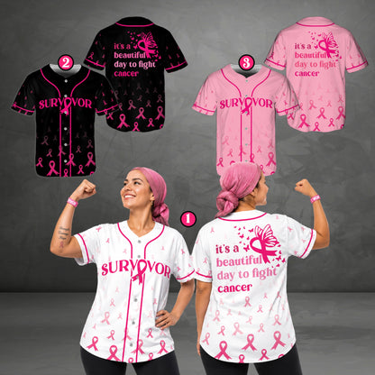 Person wearing a breast cancer awareness baseball jersey with pink ribbons in a lifestyle setting