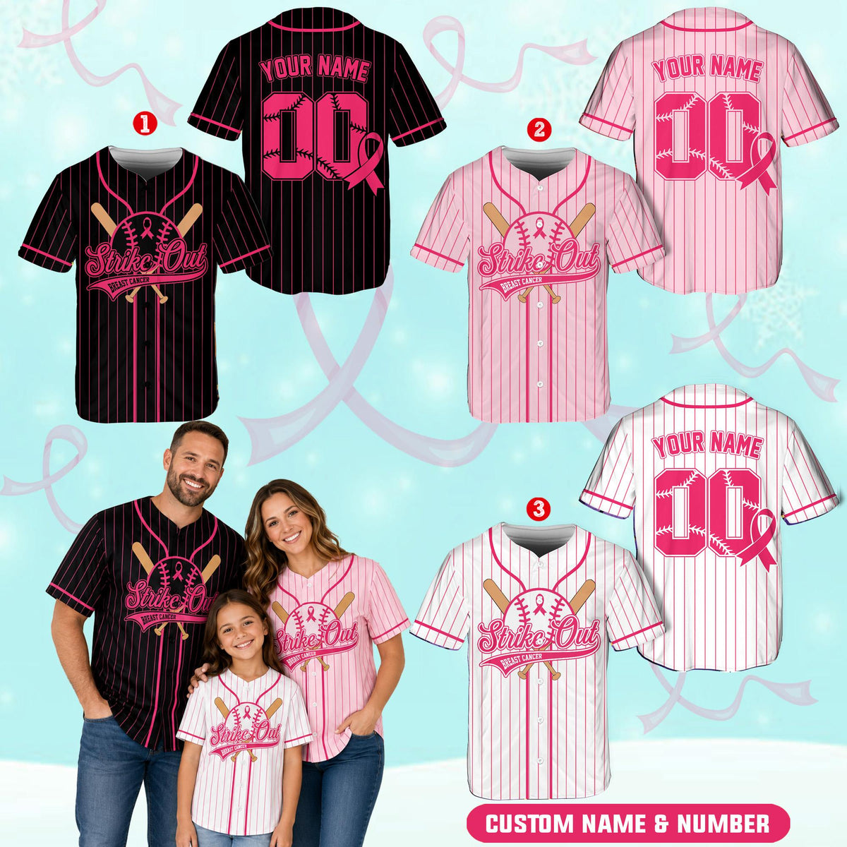 Close-up lifestyle view of the personalized breast cancer awareness baseball jersey
