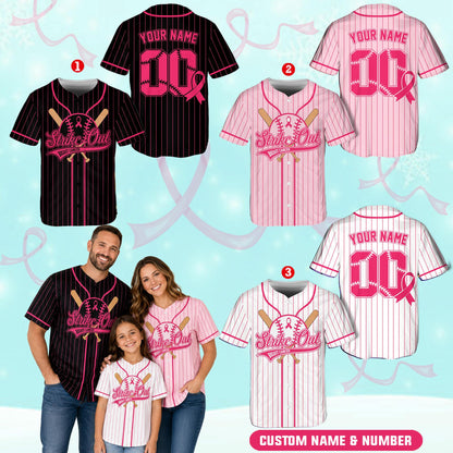 Close-up lifestyle view of the personalized breast cancer awareness baseball jersey