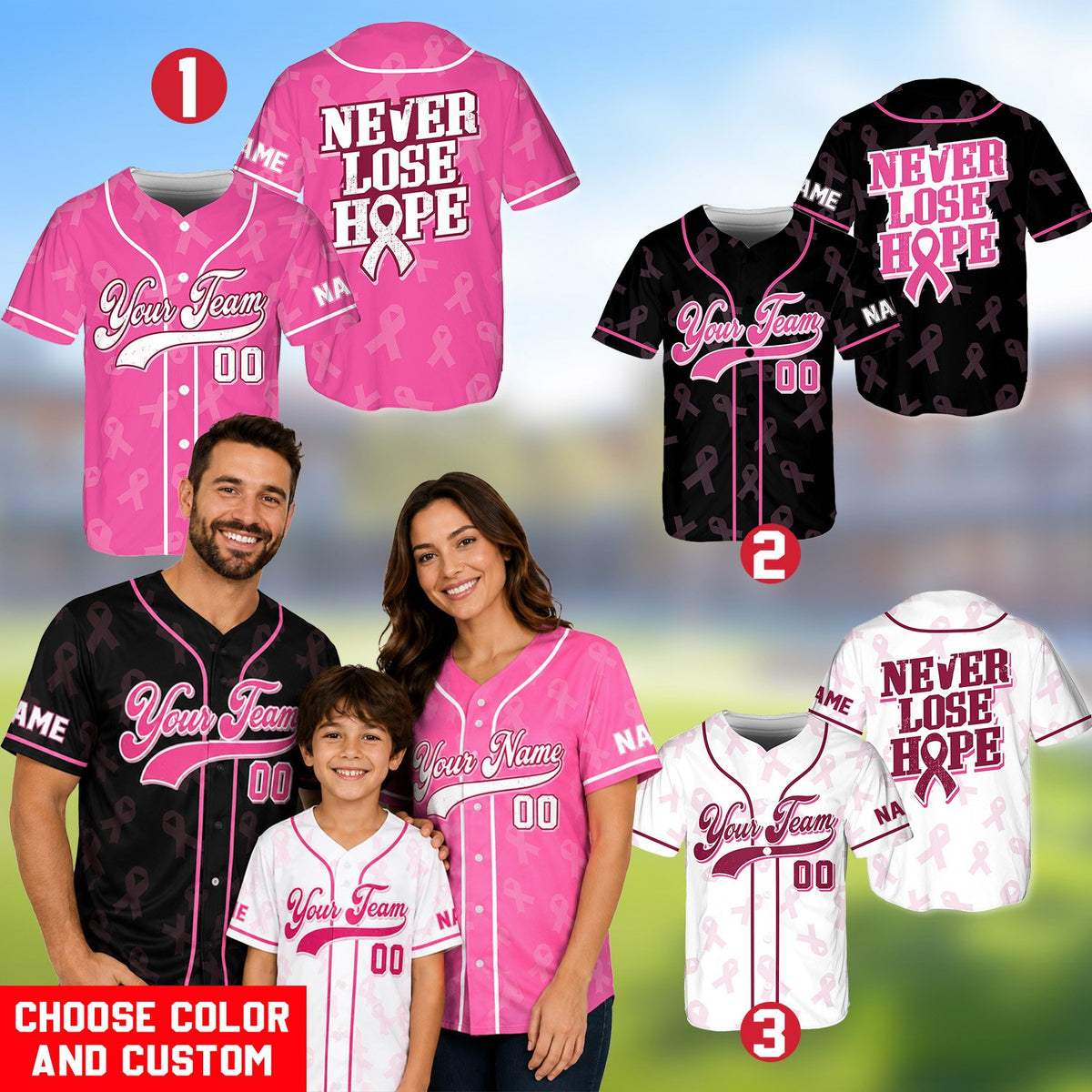 Lifestyle view of a person wearing the personalized breast cancer awareness baseball jersey