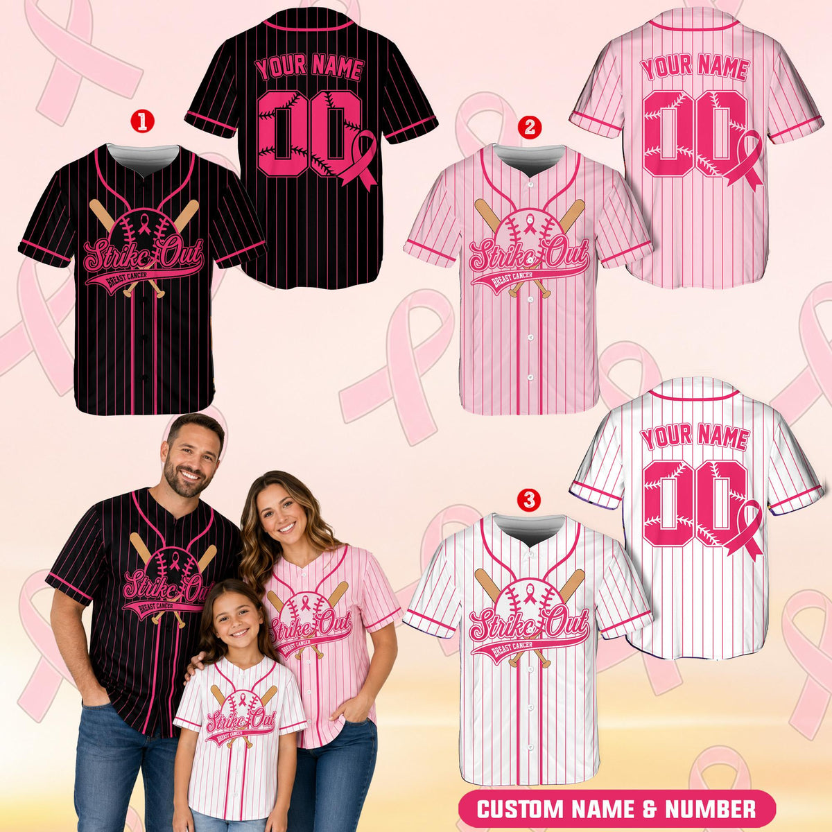 Person wearing a personalized breast cancer awareness baseball jersey outdoors