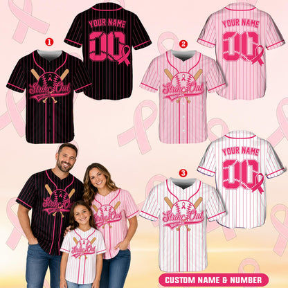Person wearing a personalized breast cancer awareness baseball jersey outdoors