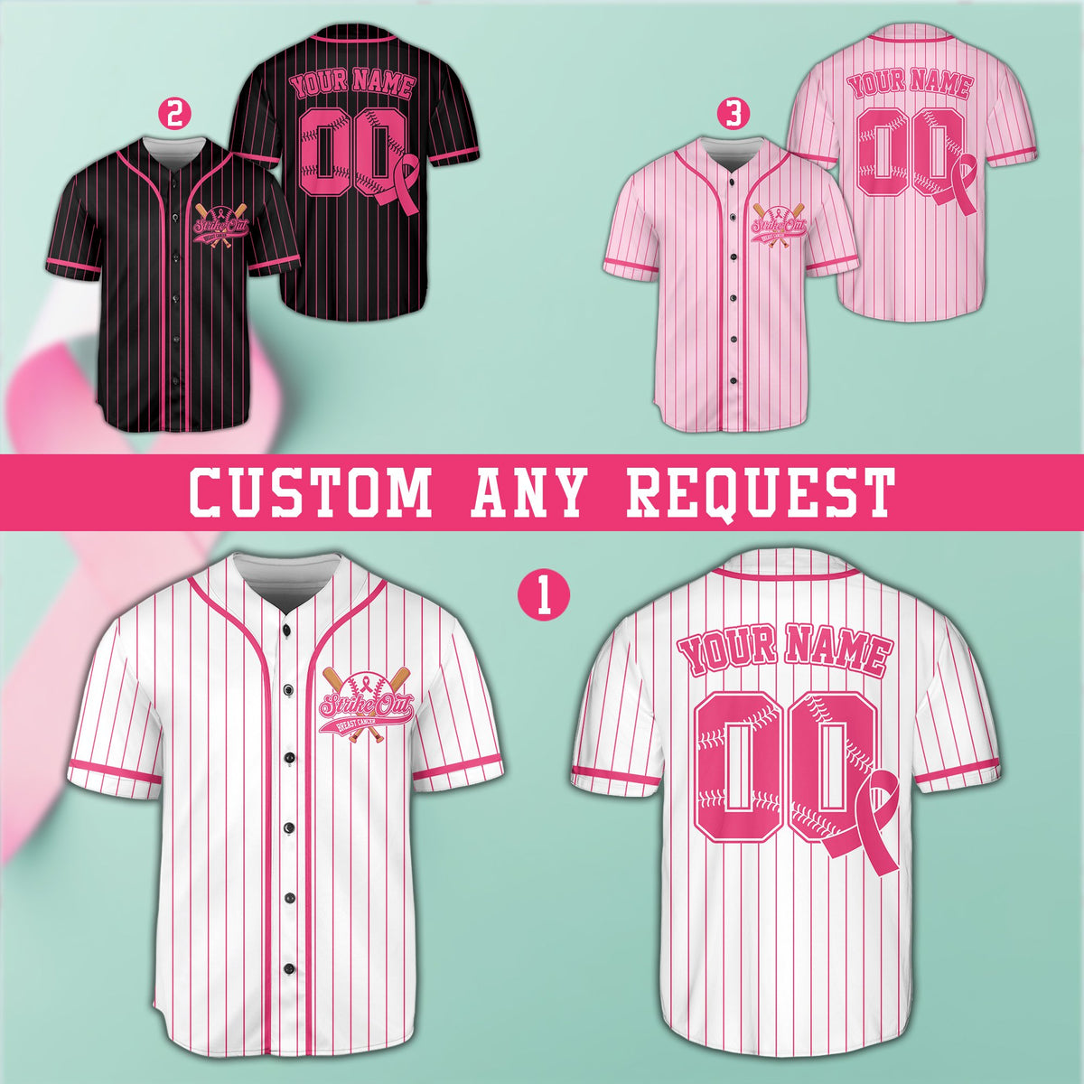 Multiple color options for the personalized breast cancer awareness baseball jersey