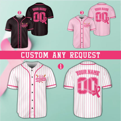 Multiple color options for the personalized breast cancer awareness baseball jersey