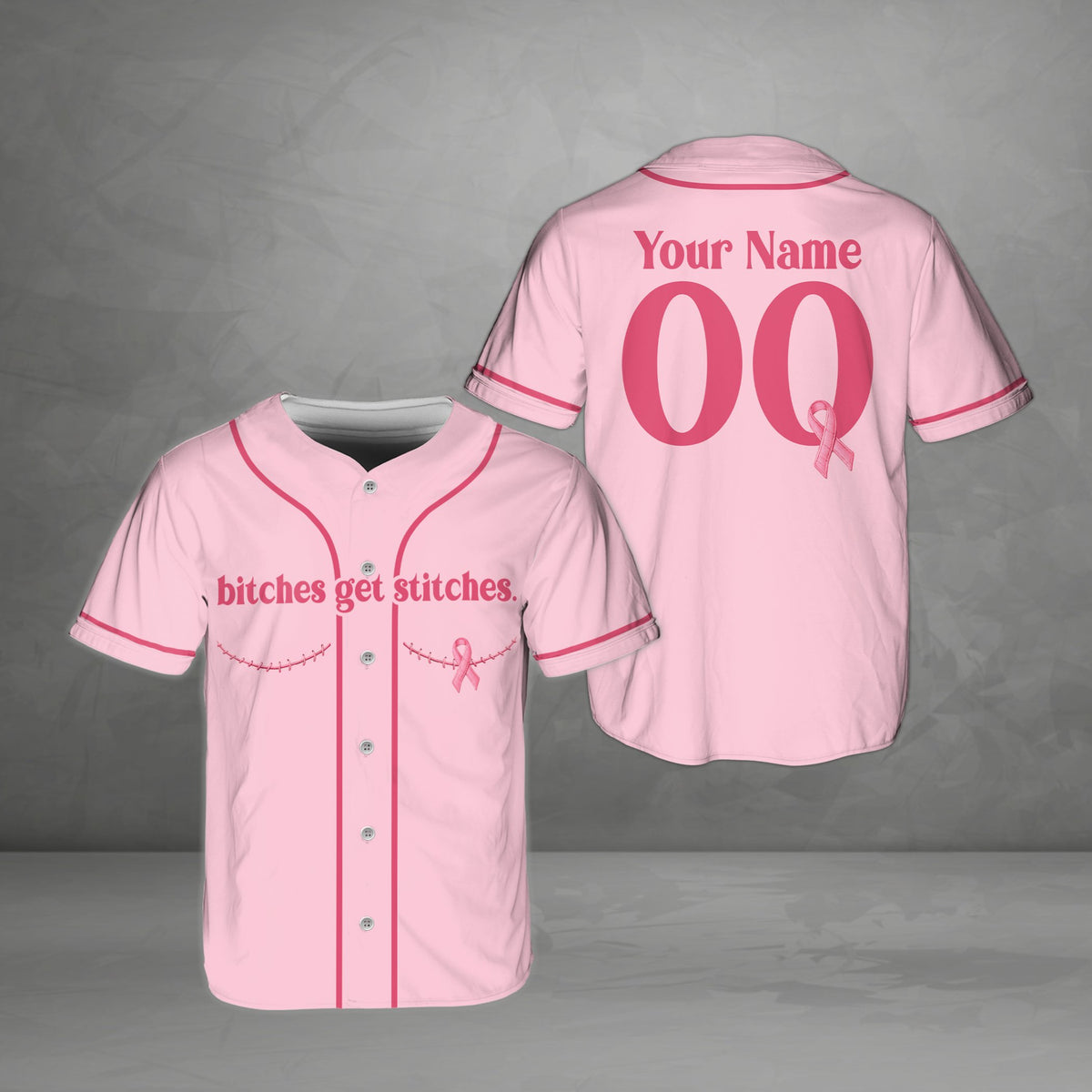 Personalized pink breast cancer awareness baseball jersey with custom name and number, front view