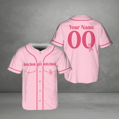Personalized pink breast cancer awareness baseball jersey with custom name and number, front view