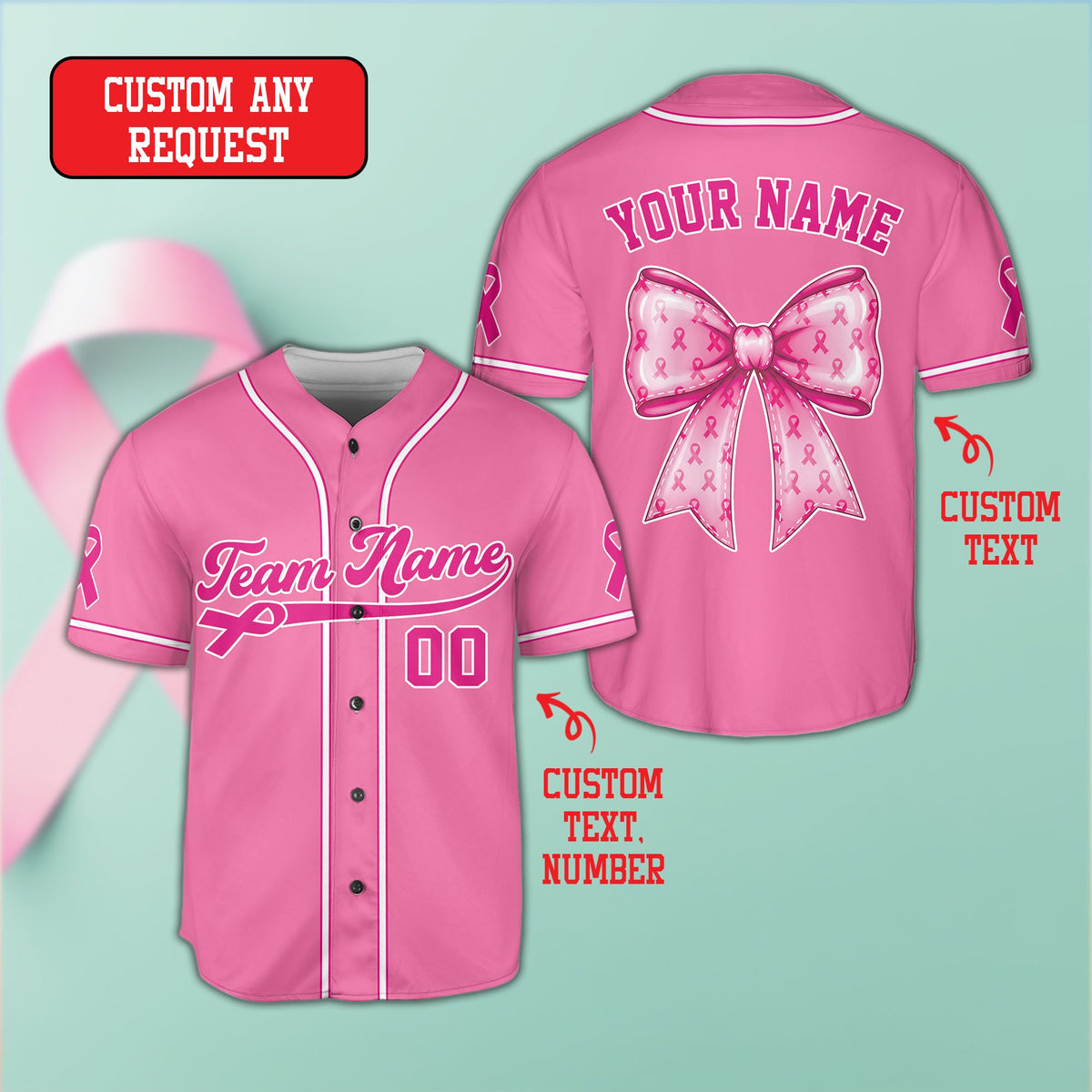 Front view of personalized pink breast cancer awareness baseball jersey