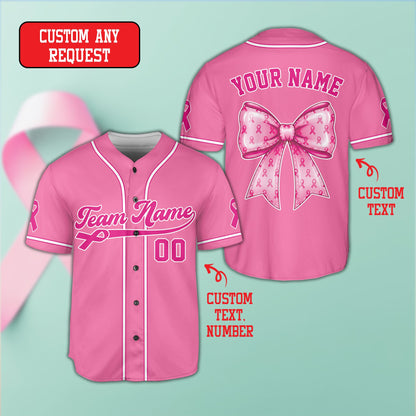 Front view of personalized pink breast cancer awareness baseball jersey