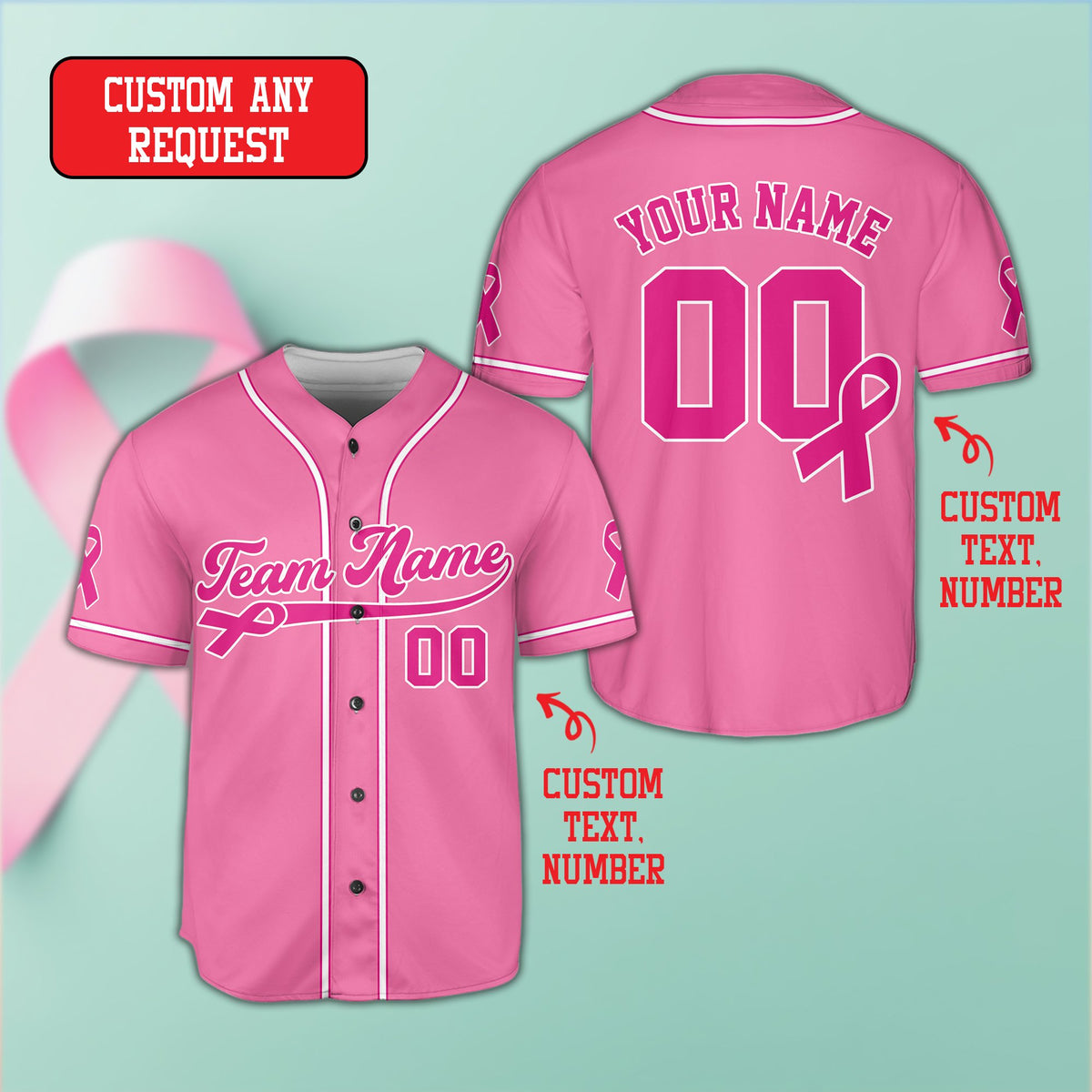 Pink breast cancer awareness baseball jersey with ribbon design, front view