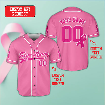 Pink breast cancer awareness baseball jersey with ribbon design, front view