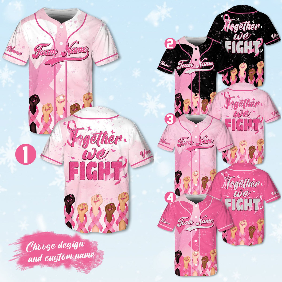 Front view of pink personalized baseball jersey with breast cancer awareness design