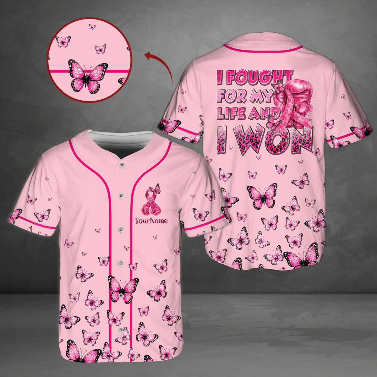 Front view of the breast cancer awareness baseball jersey in pink
