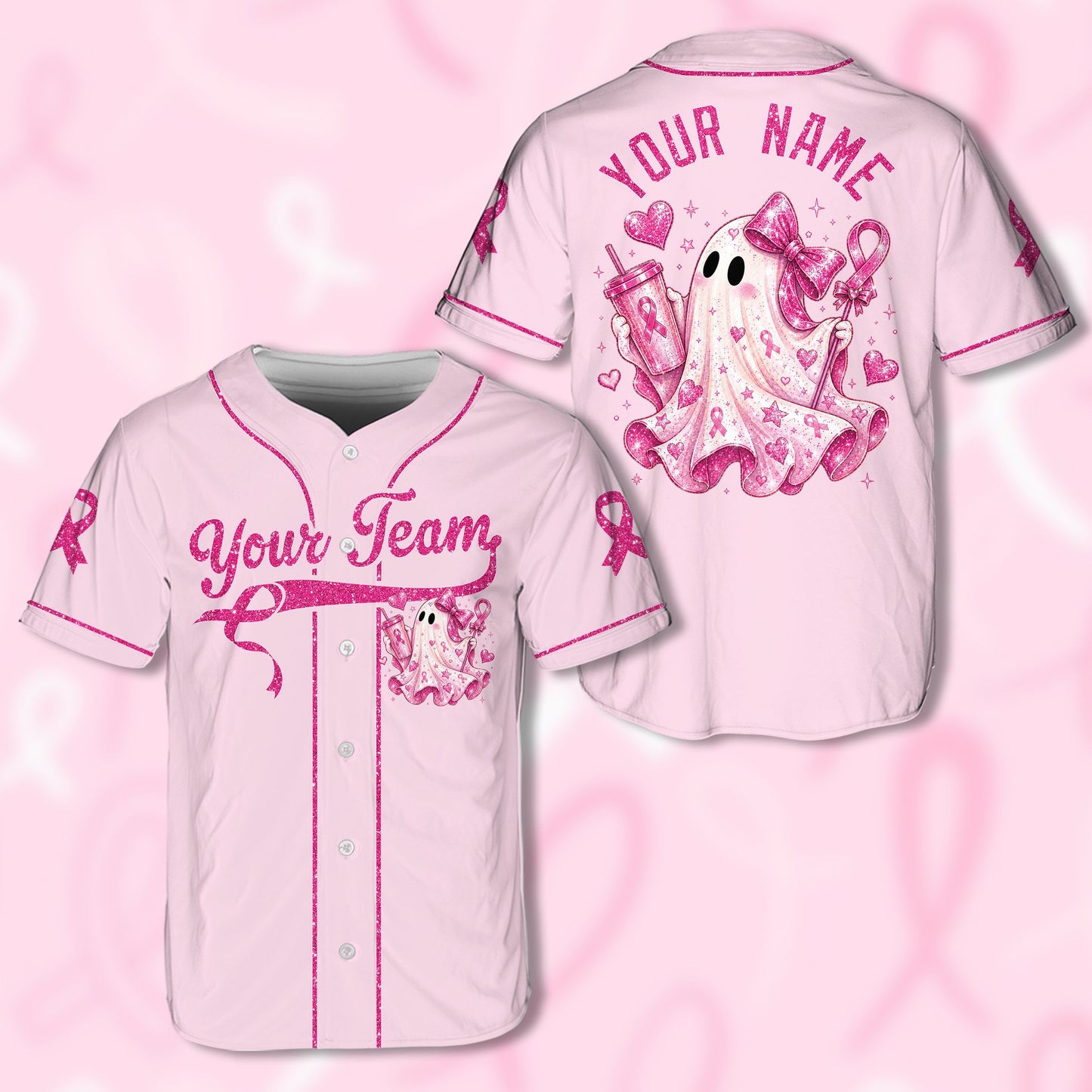 Pink personalized baseball jersey with a breast cancer awareness ghost design and custom text, front view