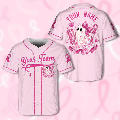 Pink personalized baseball jersey with a breast cancer awareness ghost design and custom text, front view