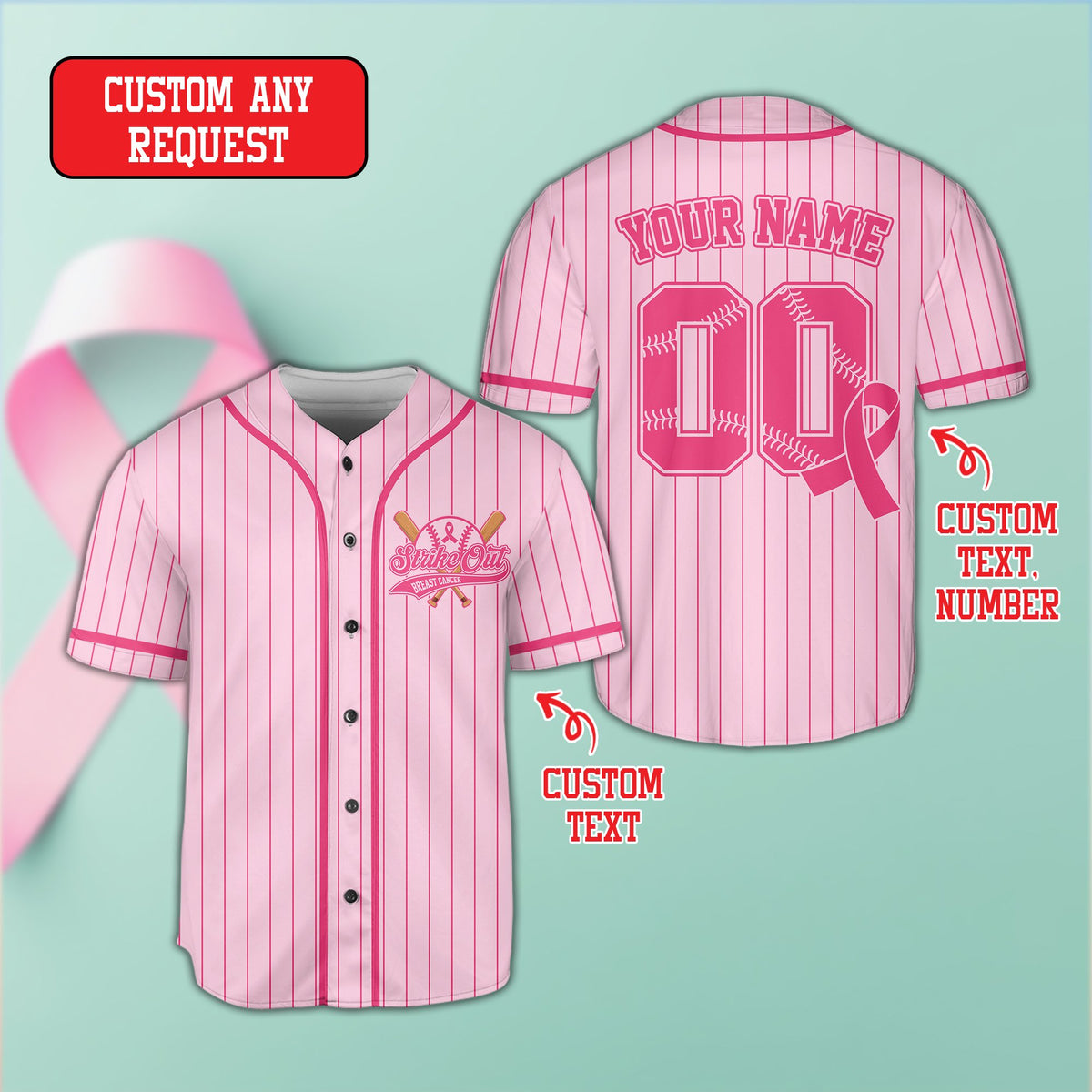 Front view of the custom baseball jersey in pink with pink ribbon graphic
