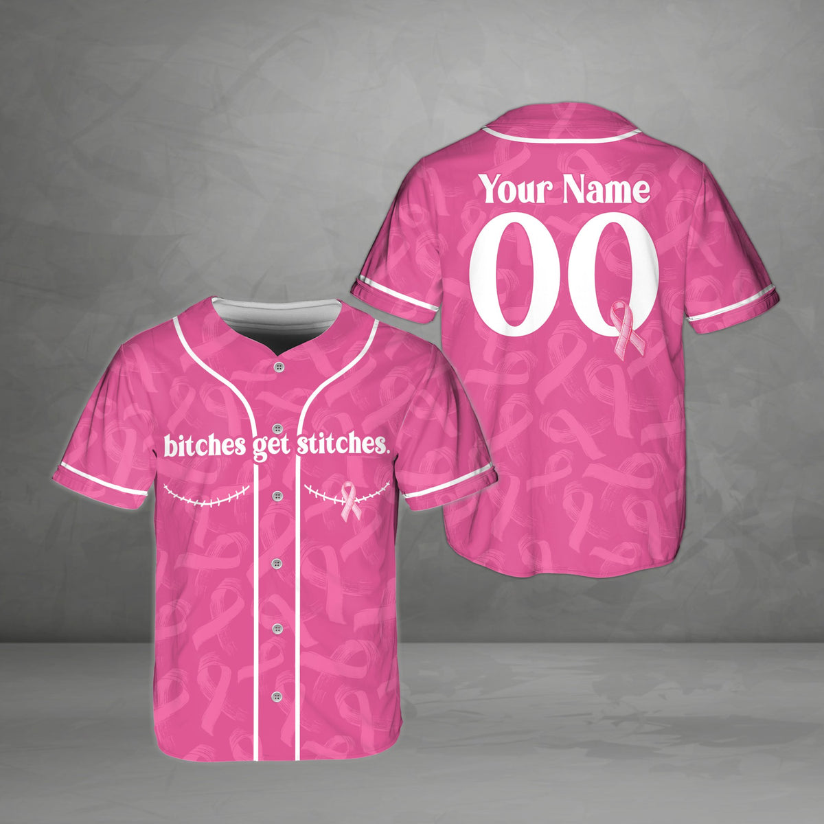 Pink patterned breast cancer awareness baseball jersey, front view