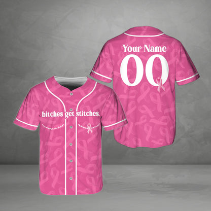 Pink patterned breast cancer awareness baseball jersey, front view