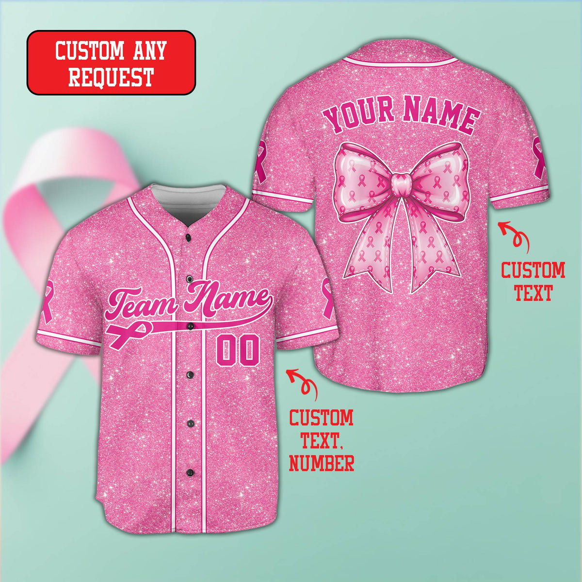 Front view of custom breast cancer awareness baseball jersey pink