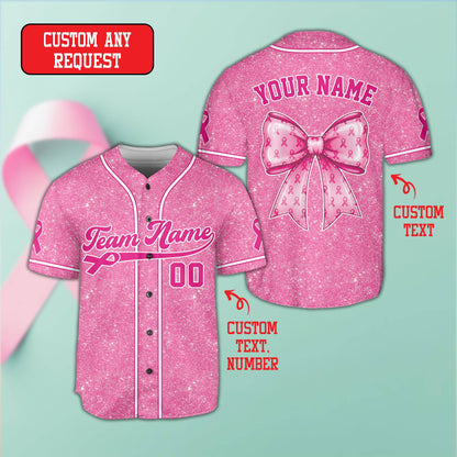 Front view of custom breast cancer awareness baseball jersey pink