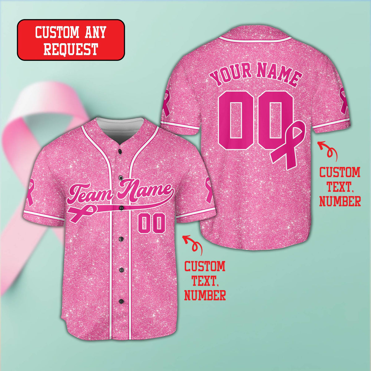 Breast cancer awareness custom baseball jersey in pink, alternate front view