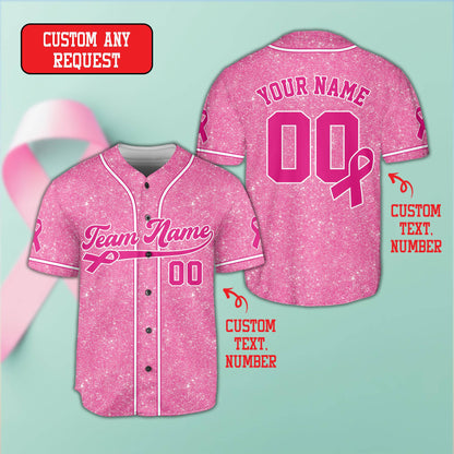Breast cancer awareness custom baseball jersey in pink, alternate front view