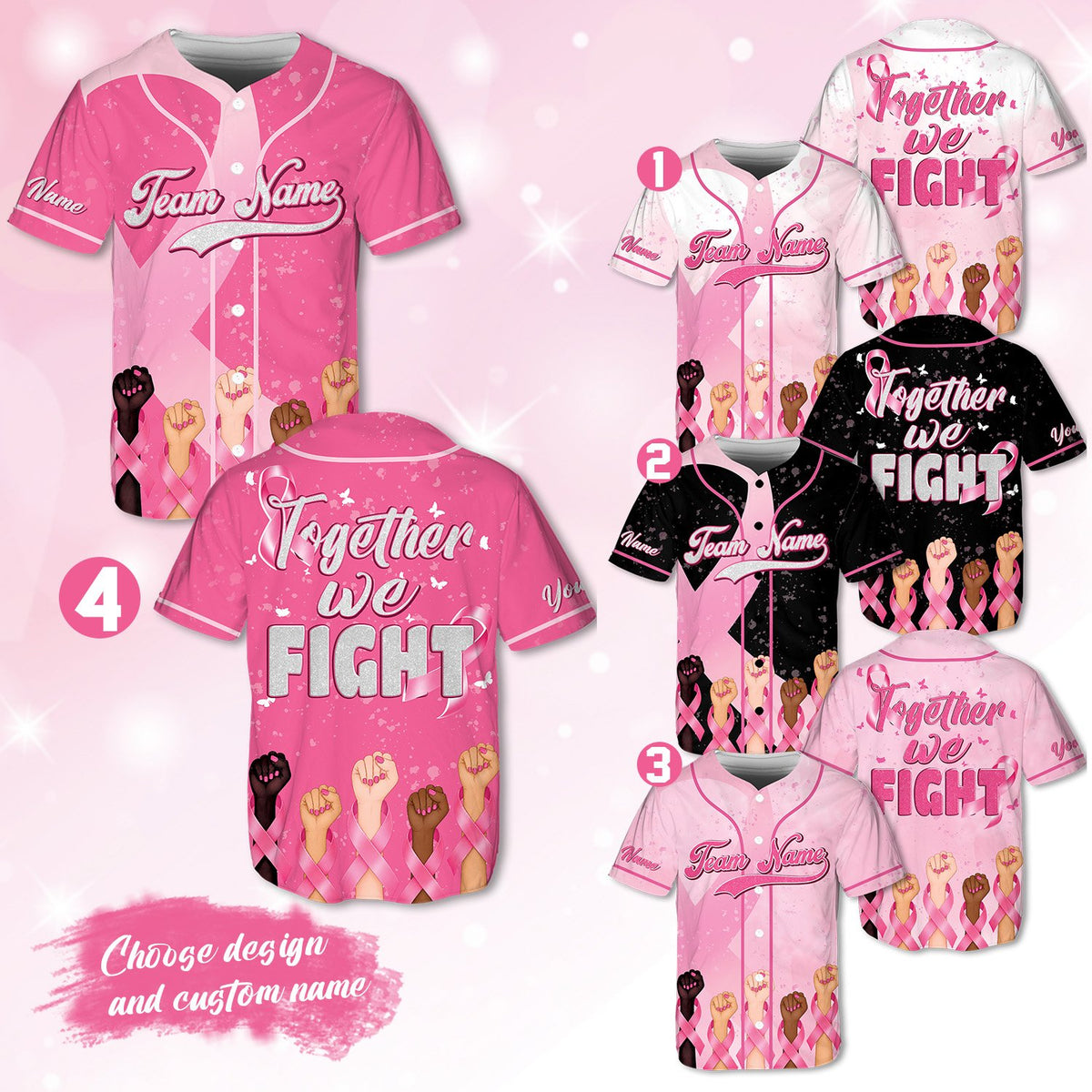 Adult pink baseball jersey featuring breast cancer awareness theme, front view