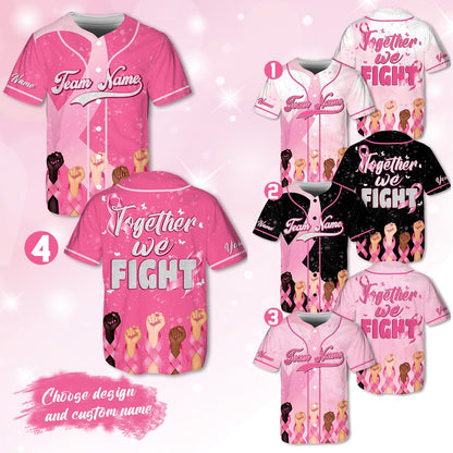 Adult pink baseball jersey featuring breast cancer awareness theme, front view