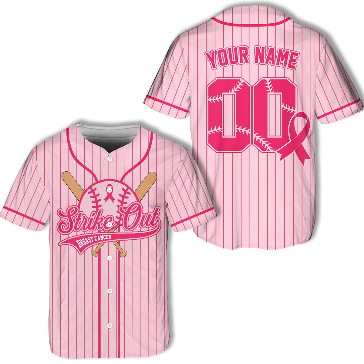 Pink breast cancer awareness baseball jersey with custom name and number, front view