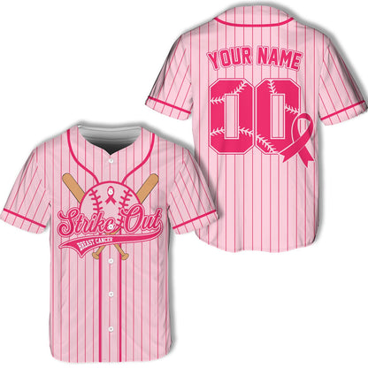Pink breast cancer awareness baseball jersey with custom name and number, front view