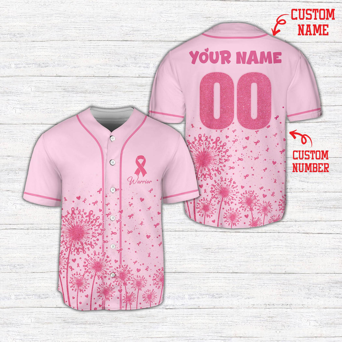 Pink personalized floral baseball jersey with breast cancer awareness design, front view