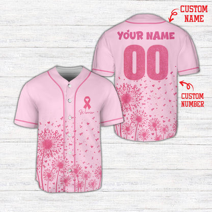 Pink personalized floral baseball jersey with breast cancer awareness design, front view