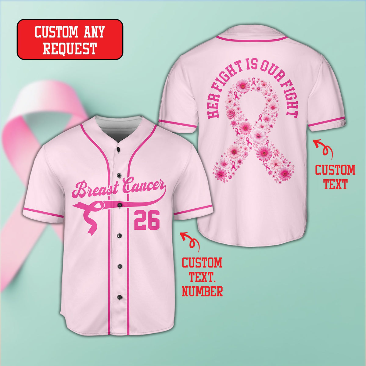 Pink personalized breast cancer awareness baseball jersey, front view