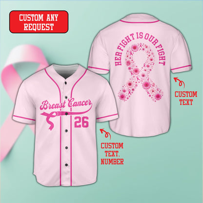 Pink personalized breast cancer awareness baseball jersey, front view