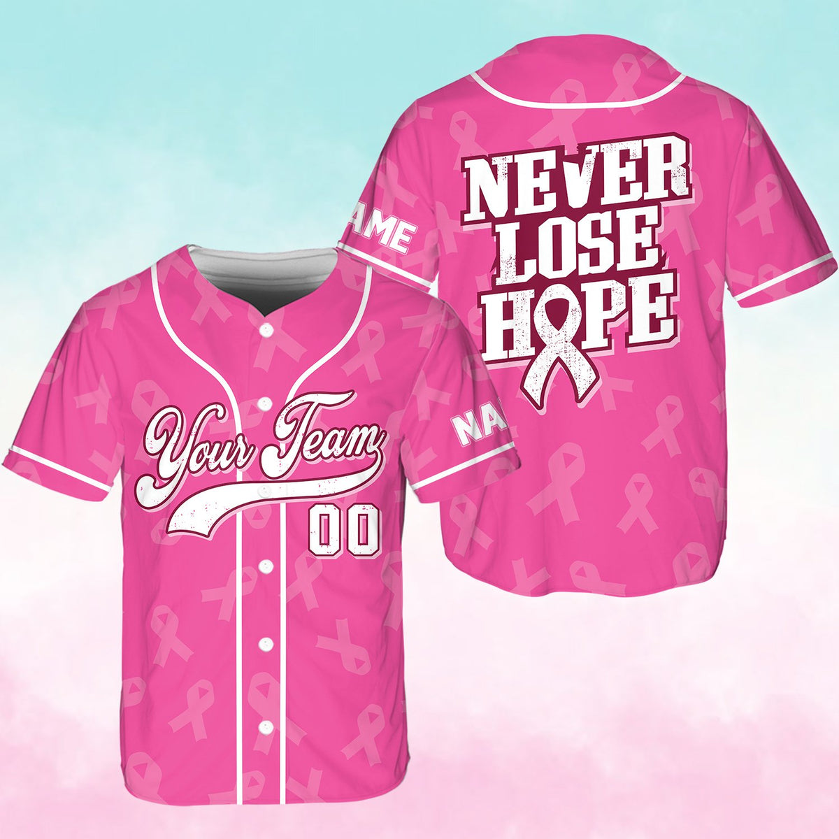 Another front view of the pink and white custom baseball jersey