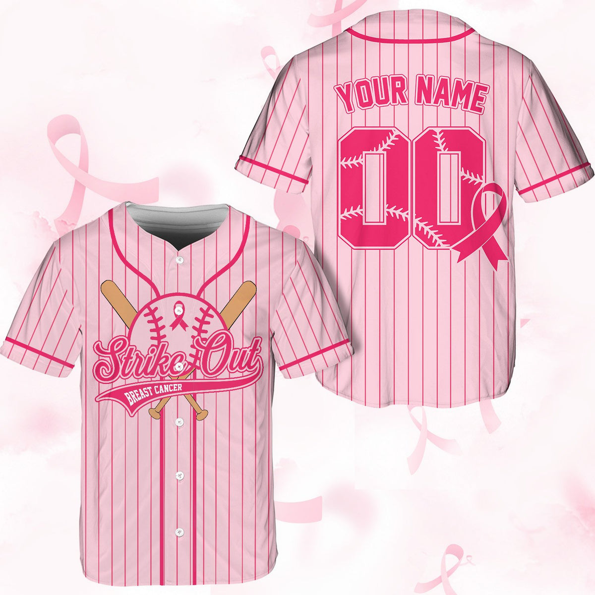 Front view of personalized pink baseball jersey supporting breast cancer awareness