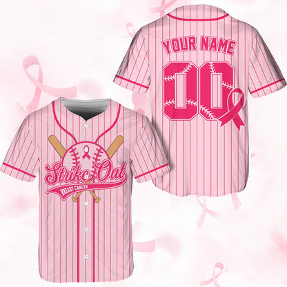 Front view of personalized pink baseball jersey supporting breast cancer awareness