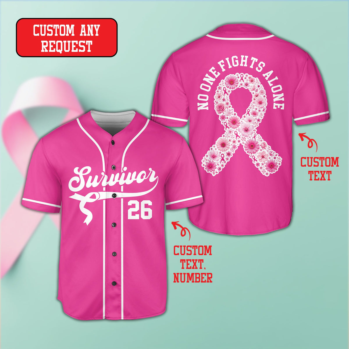 Pink personalized breast cancer awareness baseball jersey showing survivor text, front view