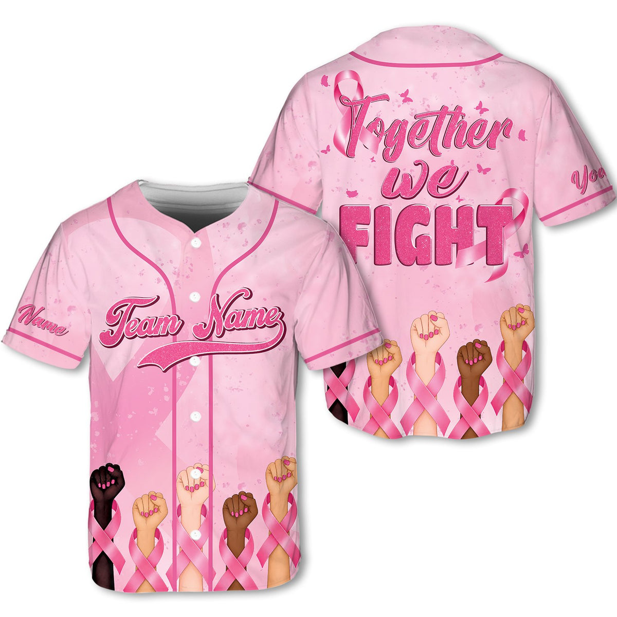 Pink personalized baseball jersey with raised fists design, front view