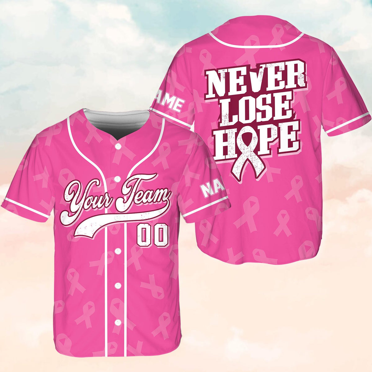 Additional front view of the personalized breast cancer awareness baseball jersey