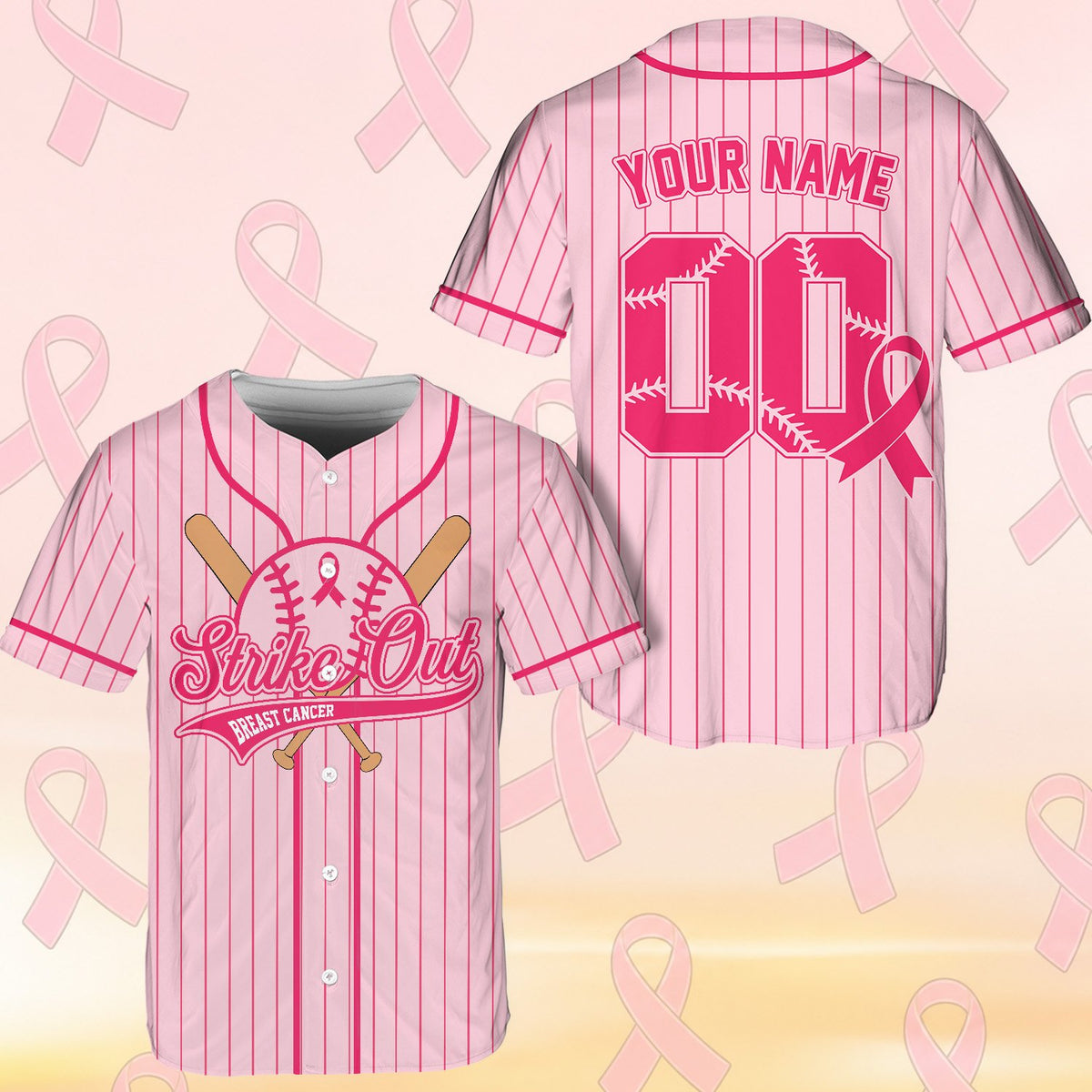 Another front view of the custom pink breast cancer awareness baseball jersey