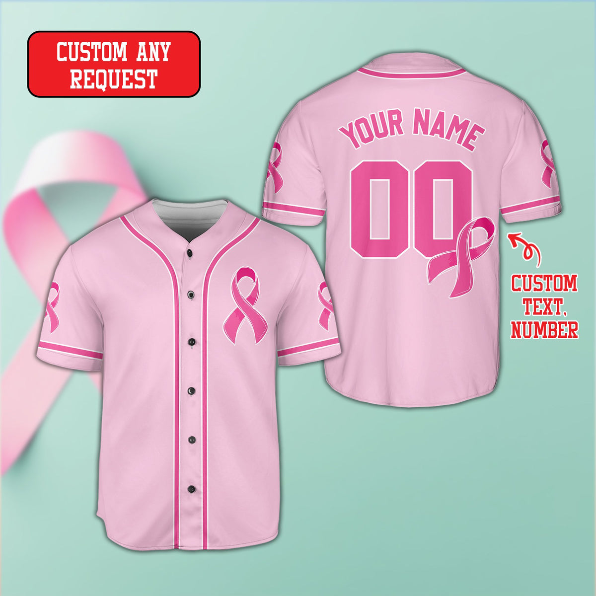 Pink custom name and number baseball jersey, front view